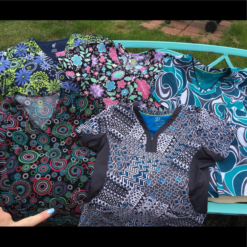 Five colorful scrub tops size medium